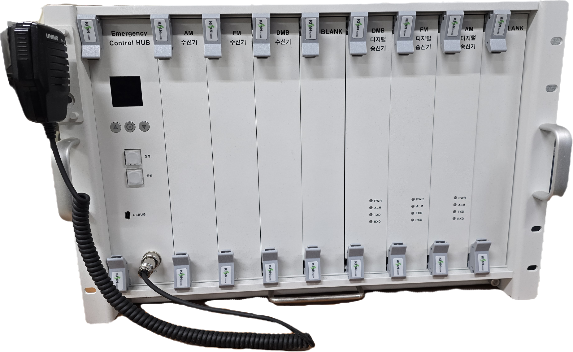 MFAU RF 통합랙 · 터널 비상방송·재난방송 송신소 장비 (Emergency Control HUB · AM/FM/DMB 수신기·디지털 송신기)